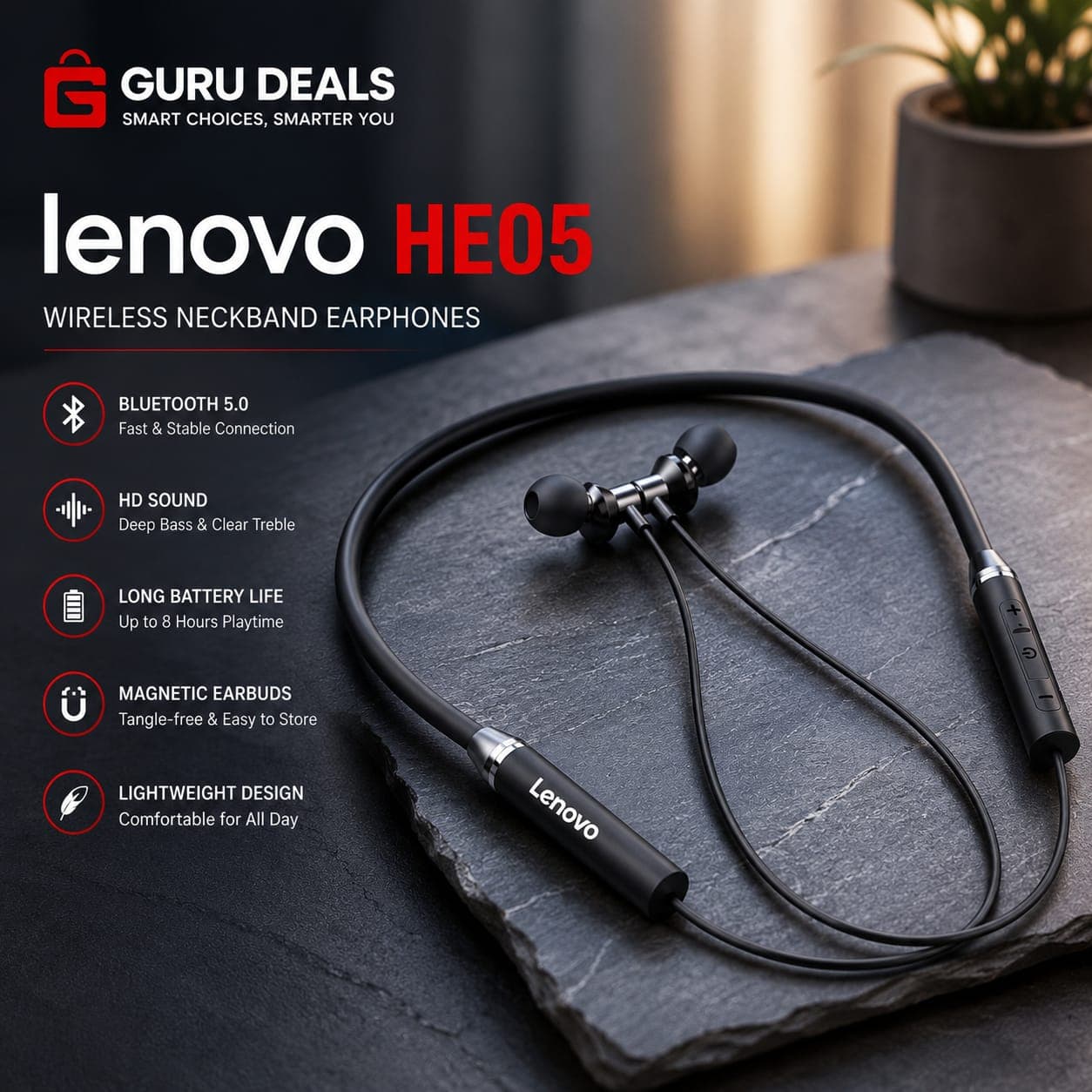 Lenovo HE05 Wireless Bluetooth Neckband Earphones