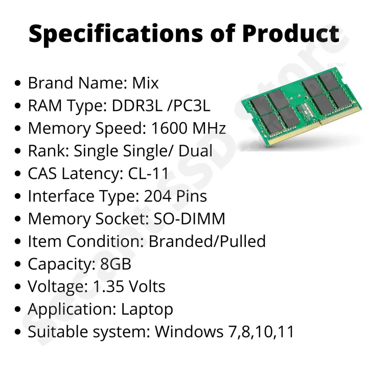 8GB DDR3L Laptop RAM (PC3L-12800, 1600MHz SO-DIMM)